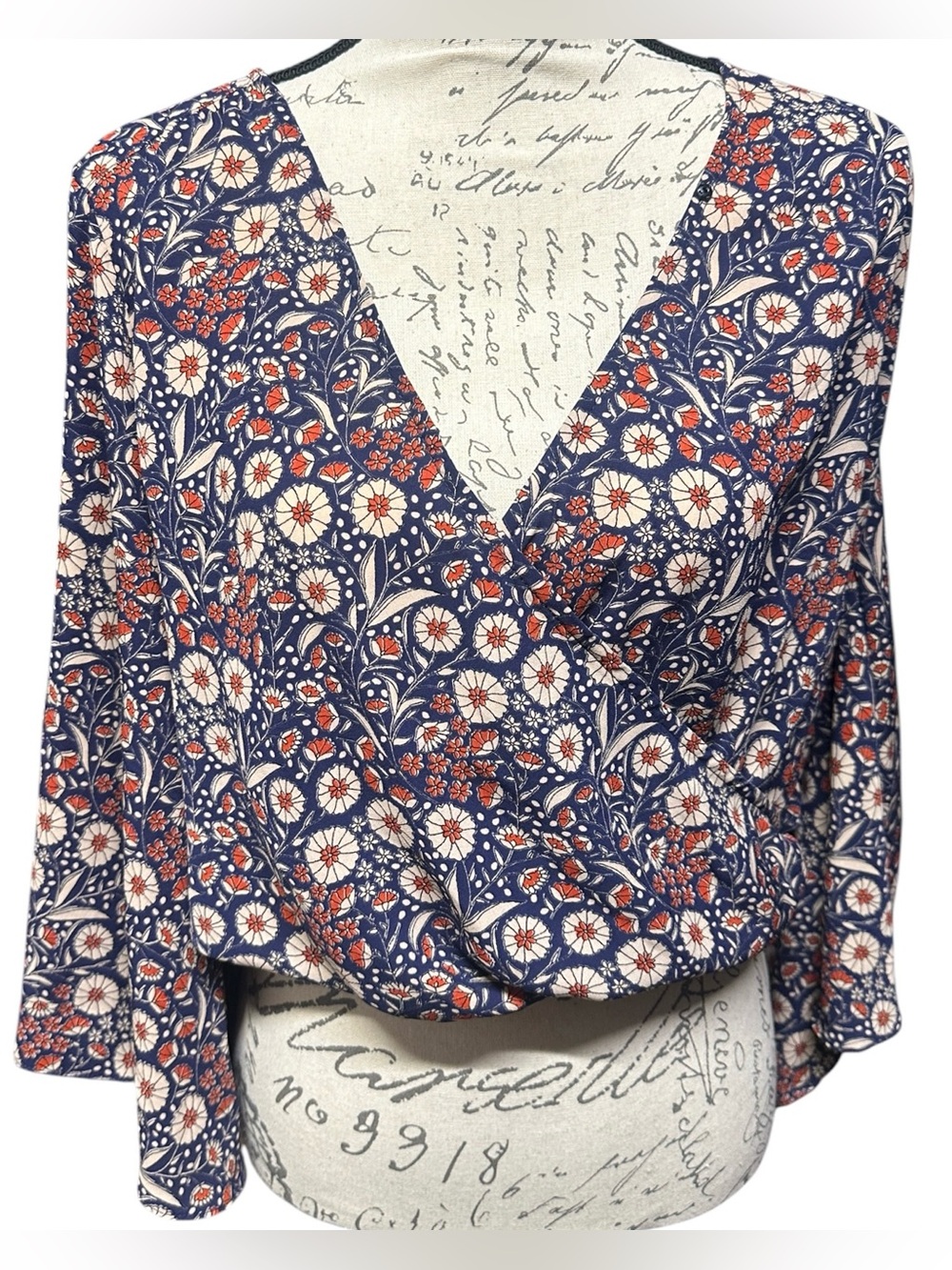 NWOT Sanctuary Floral Surplice Wrap Blouse Navy Red Women’s Size L